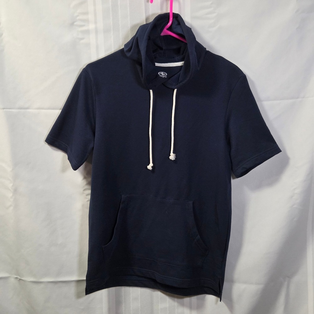 Athletic Works Short Sleeve Hoodie Mens S Blue Pullover Kangaroo Pocket Active